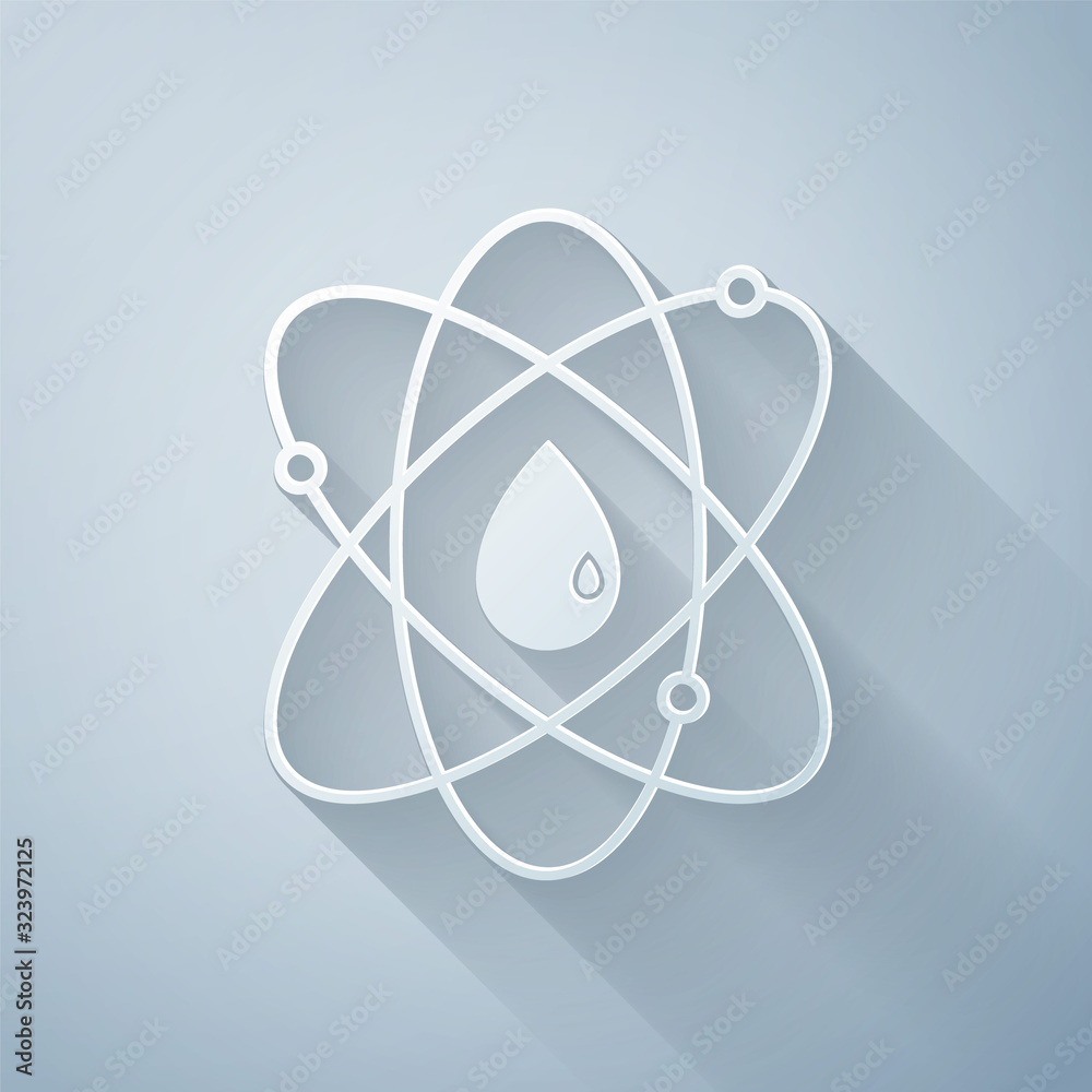 Paper cut Atom icon isolated on grey background. Symbol of science, education, nuclear physics, scie