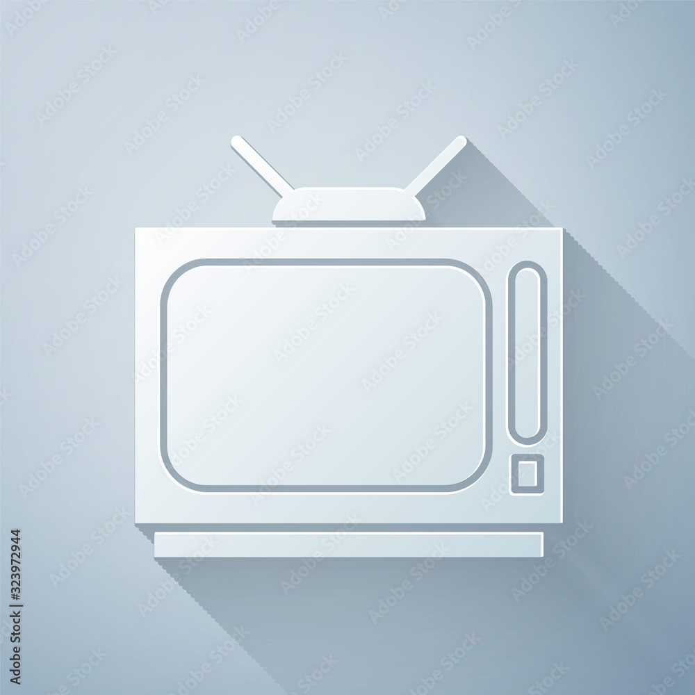 Paper cut Retro tv icon isolated on grey background. Television sign. Paper art style. Vector Illust