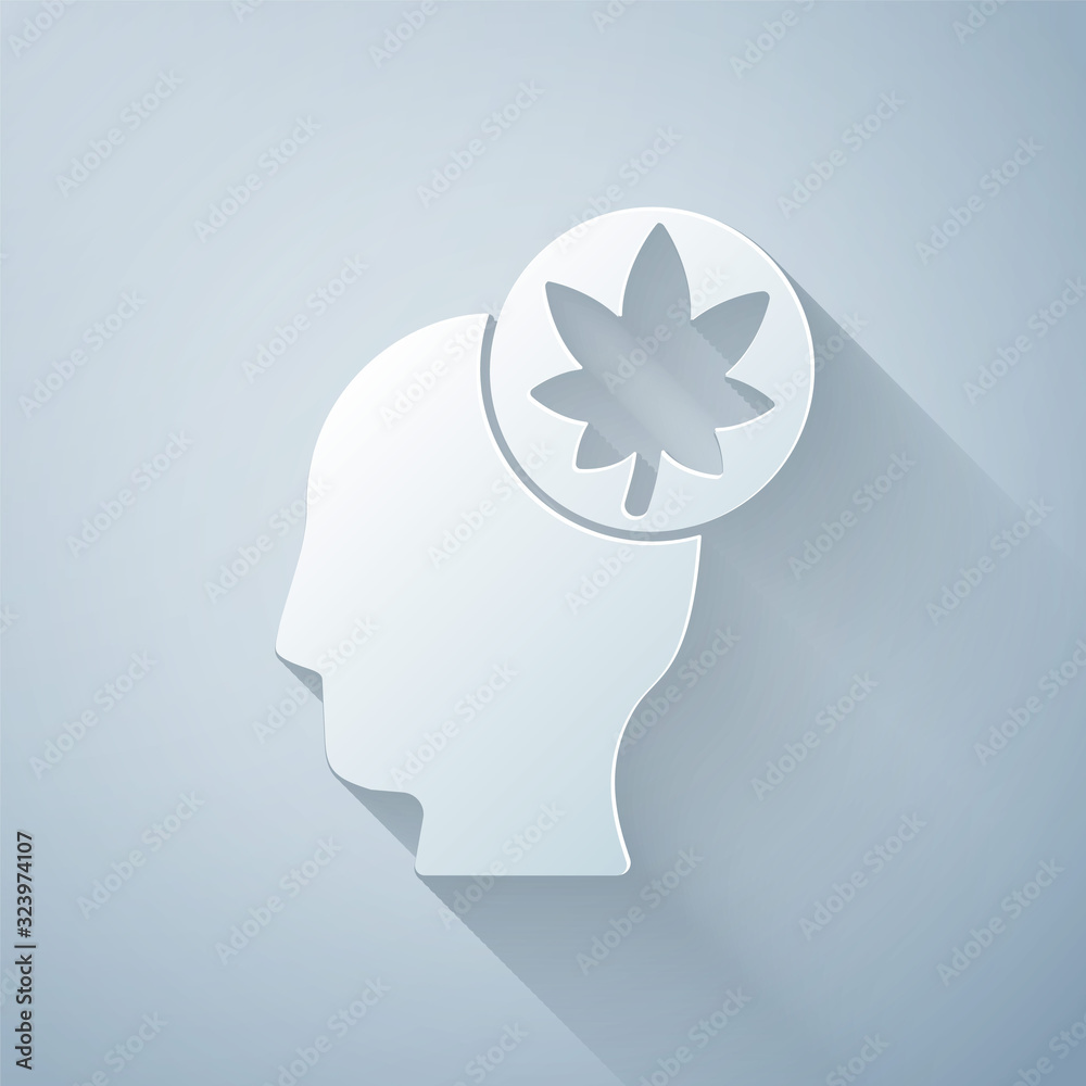 Paper cut Human head with leaf icon isolated on grey background. Paper art style. Vector Illustratio