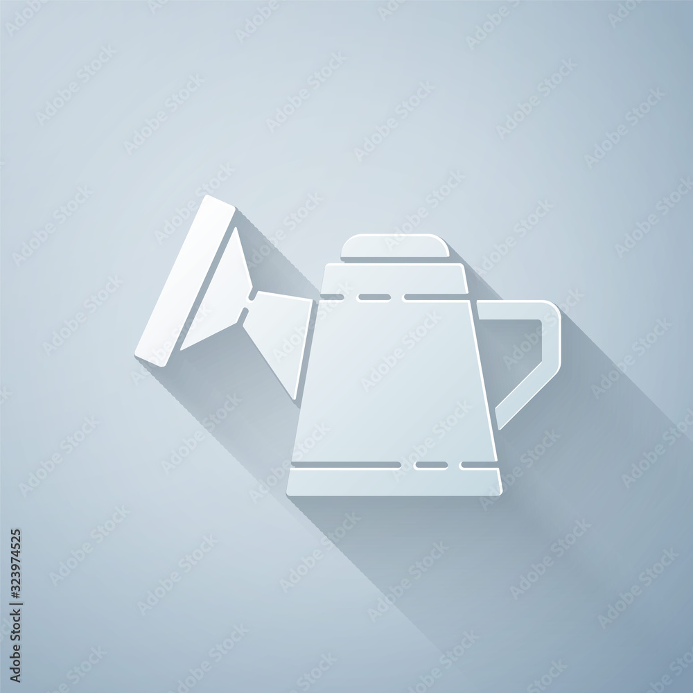 Paper cut Watering can icon isolated on grey background. Irrigation symbol. Paper art style. Vector 