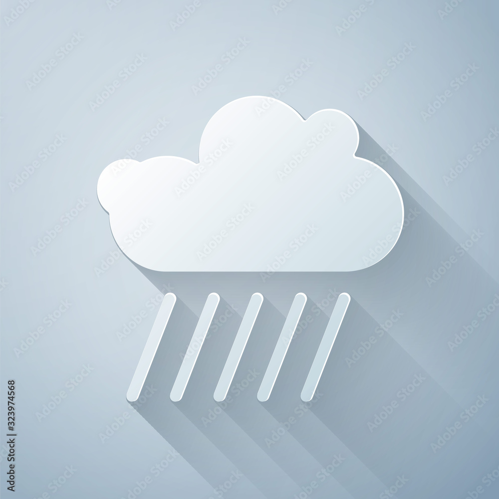 Paper cut Cloud with rain icon isolated on grey background. Rain cloud precipitation with rain drops