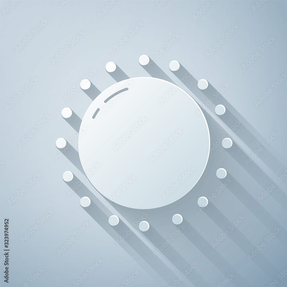 Paper cut Sun icon isolated on grey background. Summer symbol. Good sunny day. Paper art style. Vect