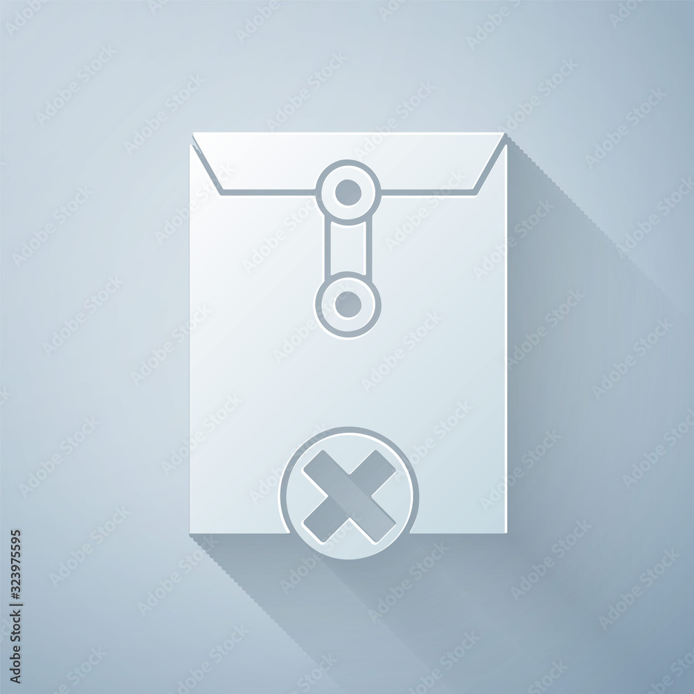 Paper cut Delete envelope icon isolated on grey background. Delete or error letter. Cross on message