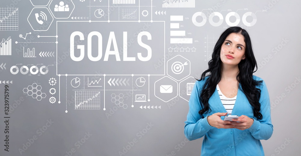 Goal concept with thoughtful young woman holding a smartphone