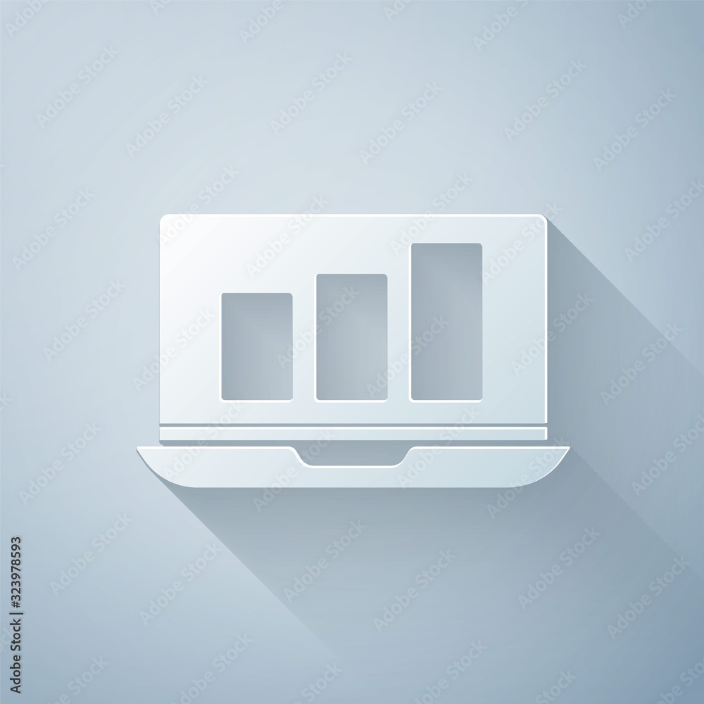 Paper cut Laptop with graph chart icon isolated on grey background. Report text file icon. Accountin