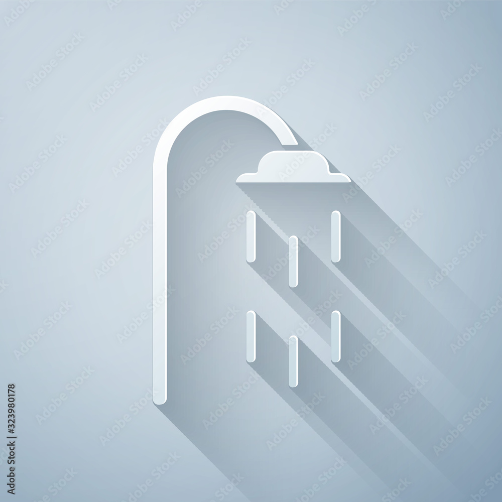 Paper cut Shower head with water drops flowing icon isolated on grey background. Paper art style. Ve