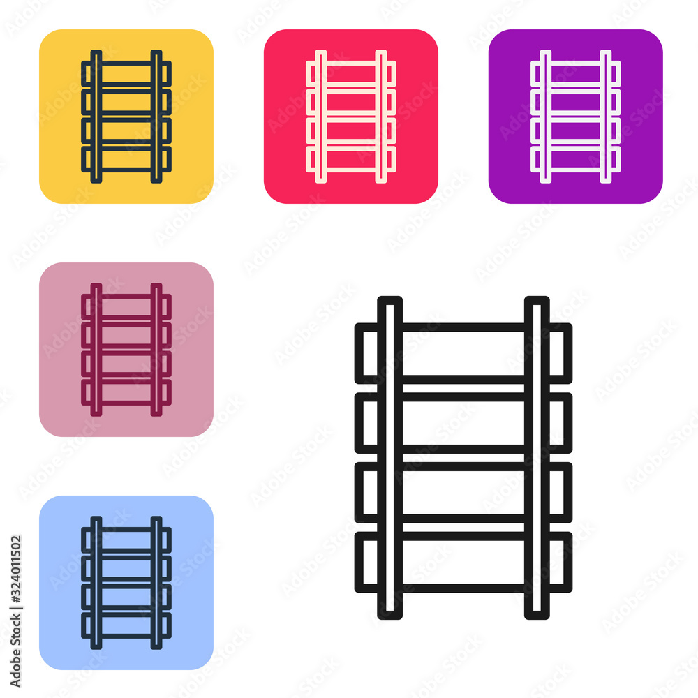 黑线铁路，铁轨图标隔离在白色背景上。将图标设置为彩色方形屁股