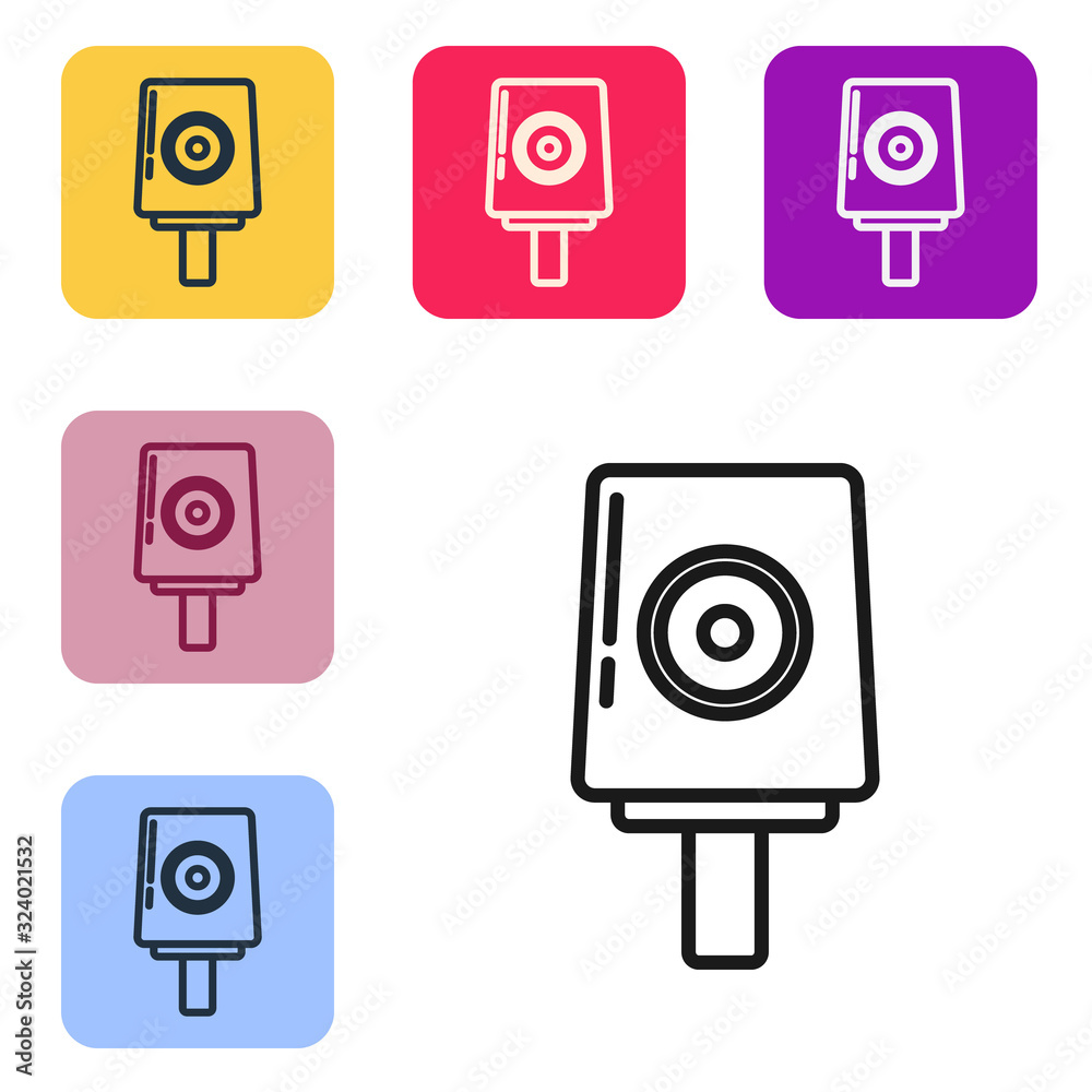 Black line Spray can nozzle cap icon isolated on white background. Set icons in color square buttons