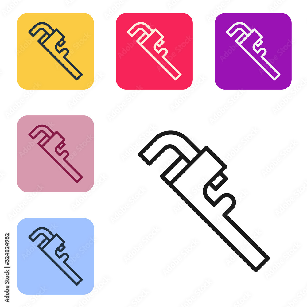 Black line Pipe adjustable wrench icon isolated on white background. Set icons in color square butto