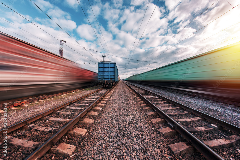 railway on which trains move with speed and blur effect