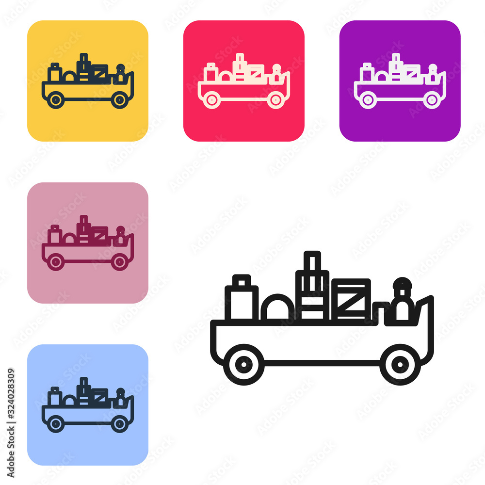 Black line Airport luggage towing truck icon isolated on white background. Airport luggage delivery 