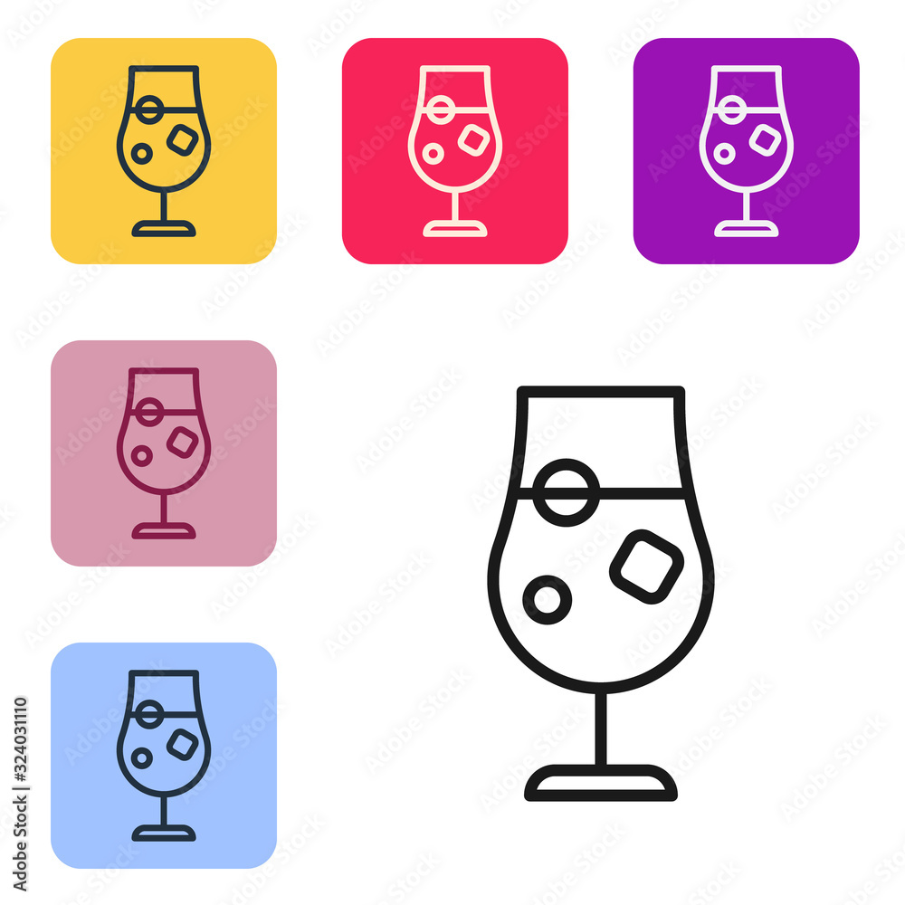 Black line Cocktail and alcohol drink icon isolated on white background. Set icons in color square b