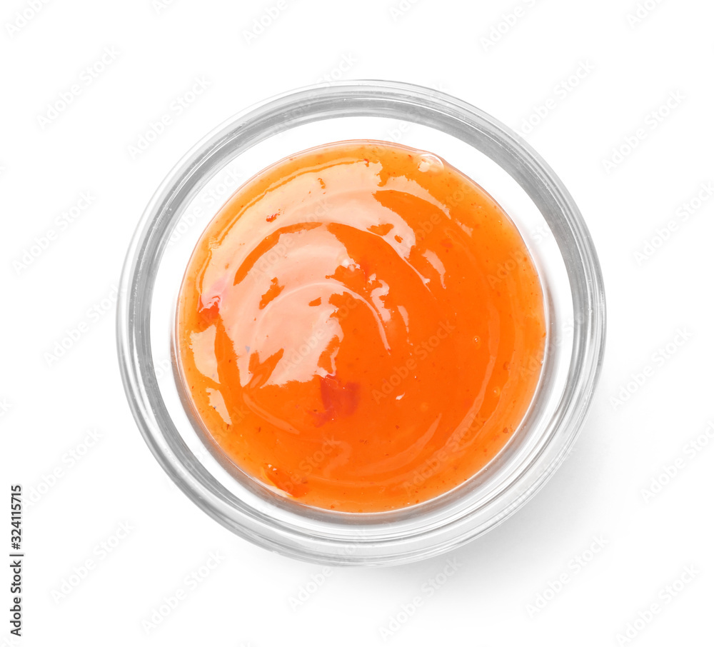 Bowl with tasty sauce on white background