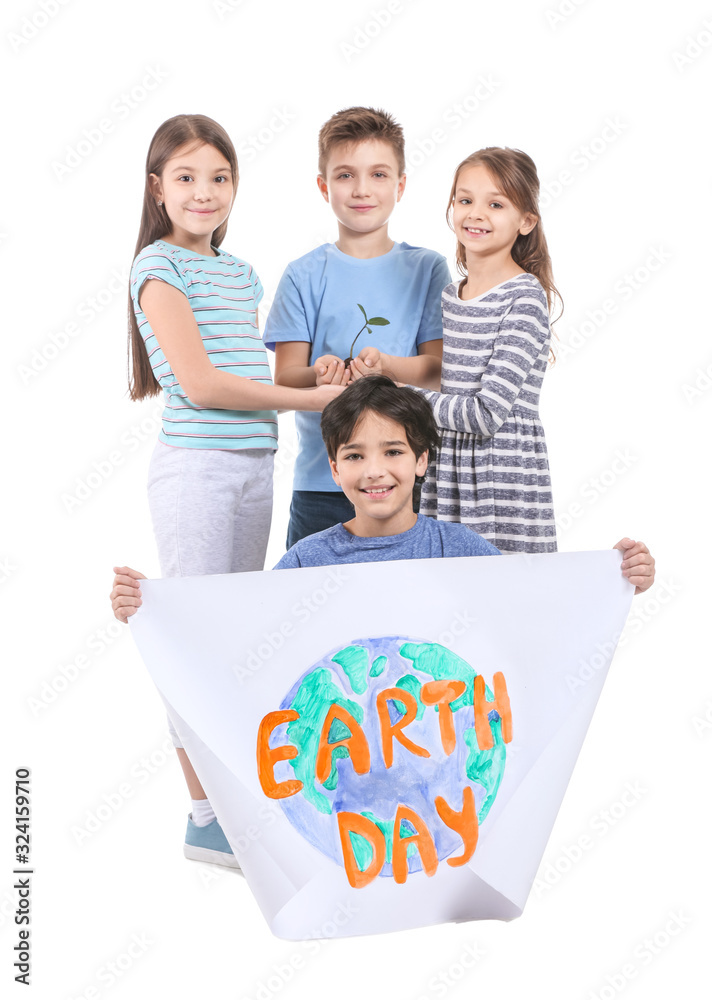 Little children with drawing on white background. Earth Day celebration