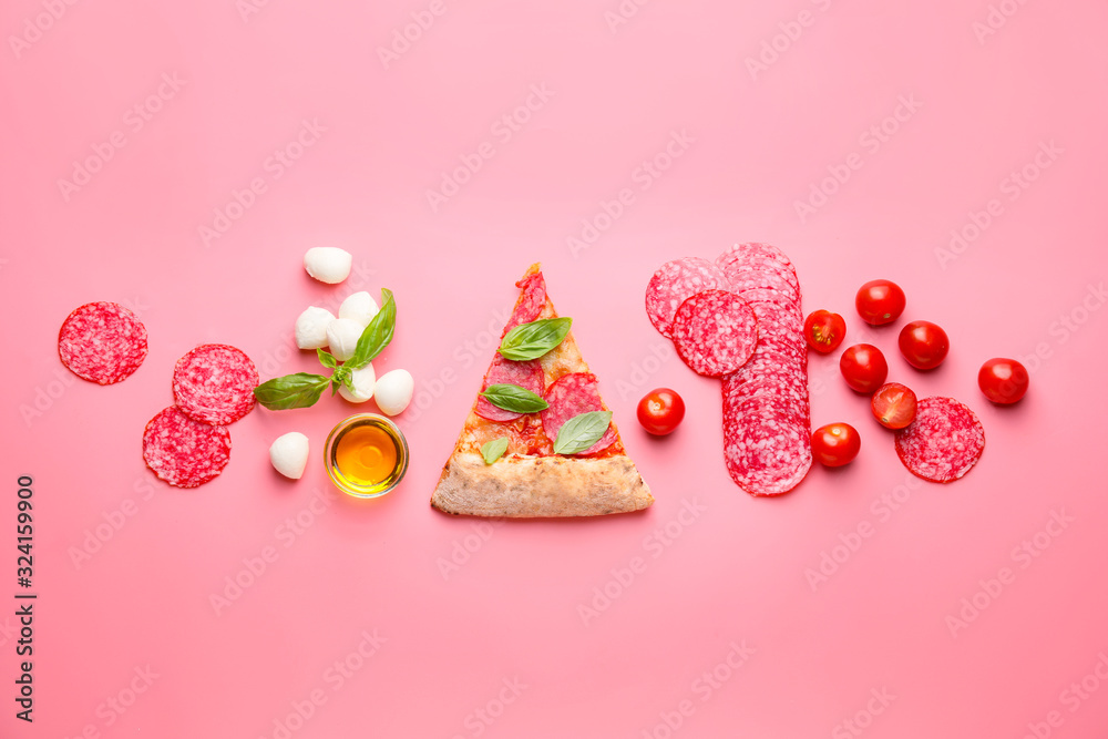 Tasty pizza with ingredients on color background