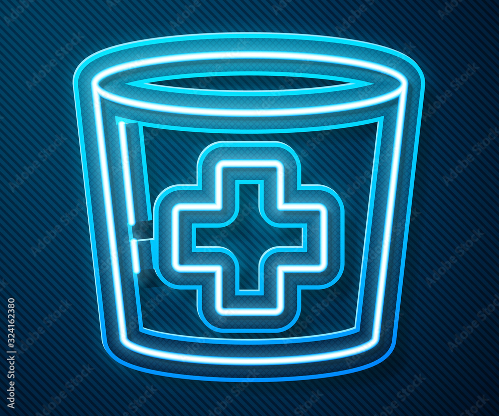 Glowing neon line Nurse hat with cross icon isolated on blue background. Medical nurse cap sign. Vec