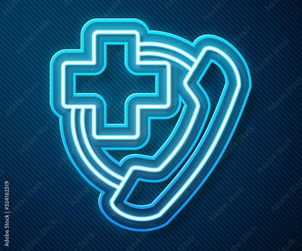 Glowing neon line Emergency phone call to hospital icon isolated on blue background. Vector Illustra