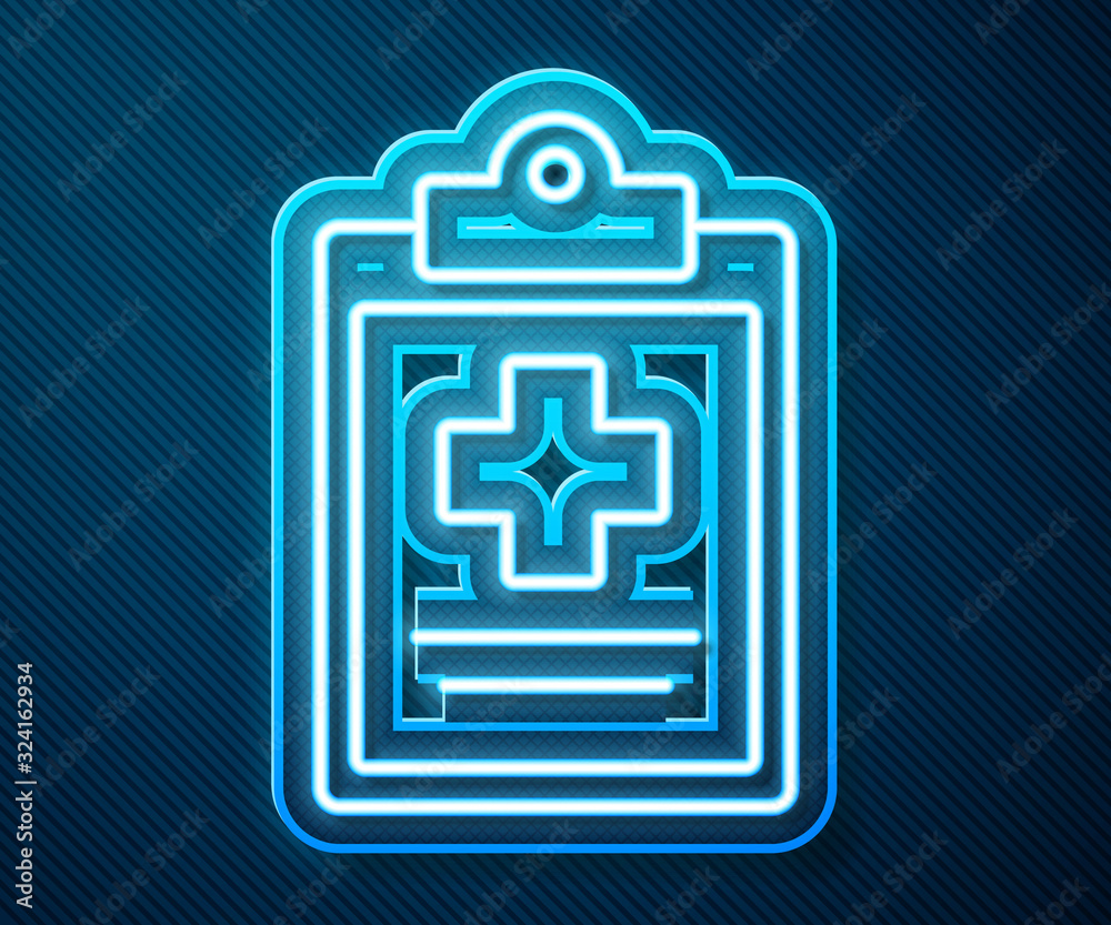 Glowing neon line Medical clipboard with clinical record icon isolated on blue background. Health in