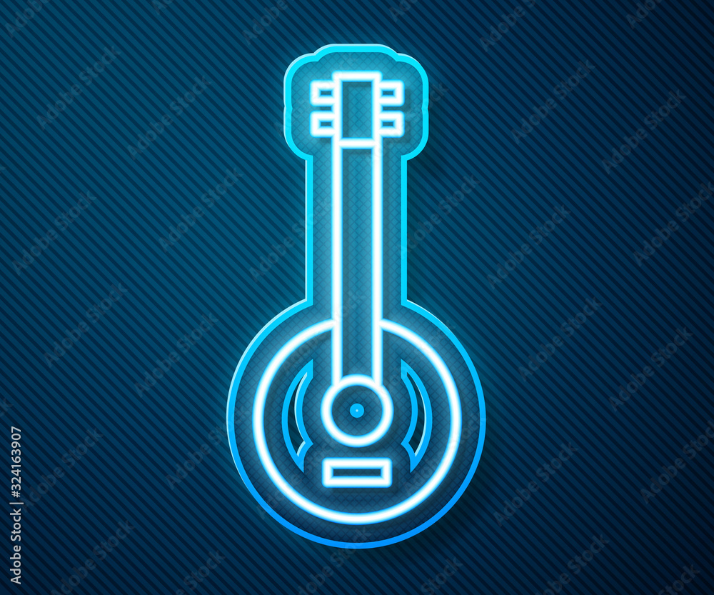 Glowing neon line Banjo icon isolated on blue background. Musical instrument. Vector Illustration