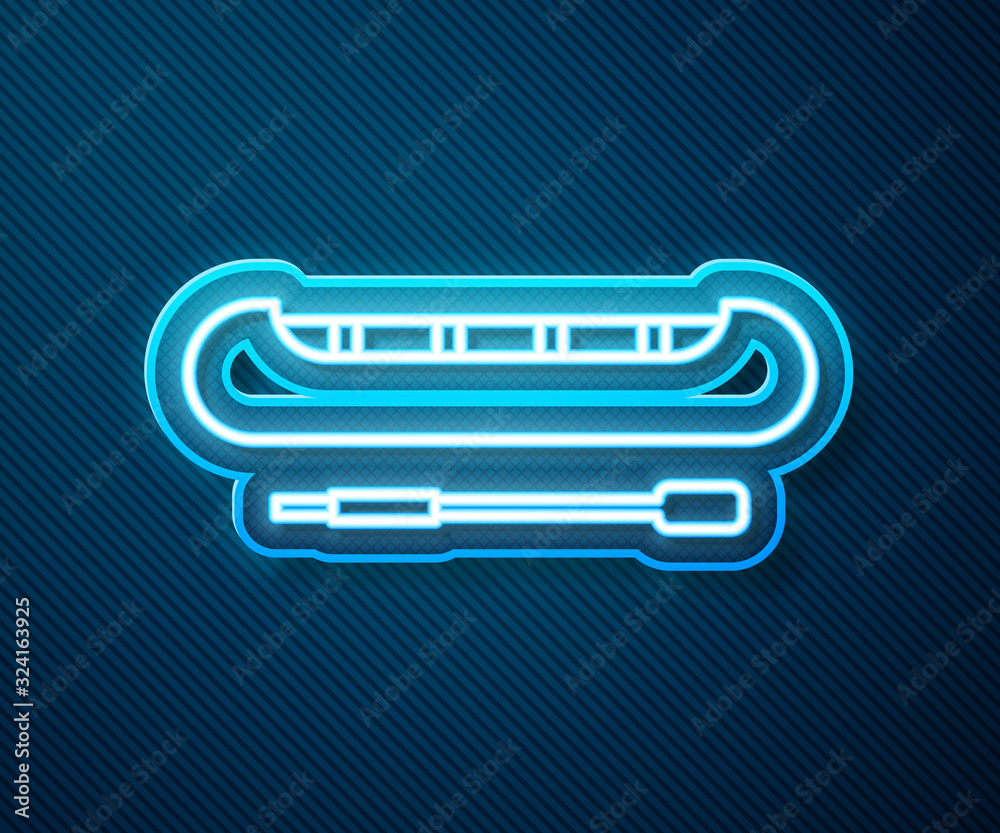 Glowing neon line Kayak and paddle icon isolated on blue background. Kayak and canoe for fishing and