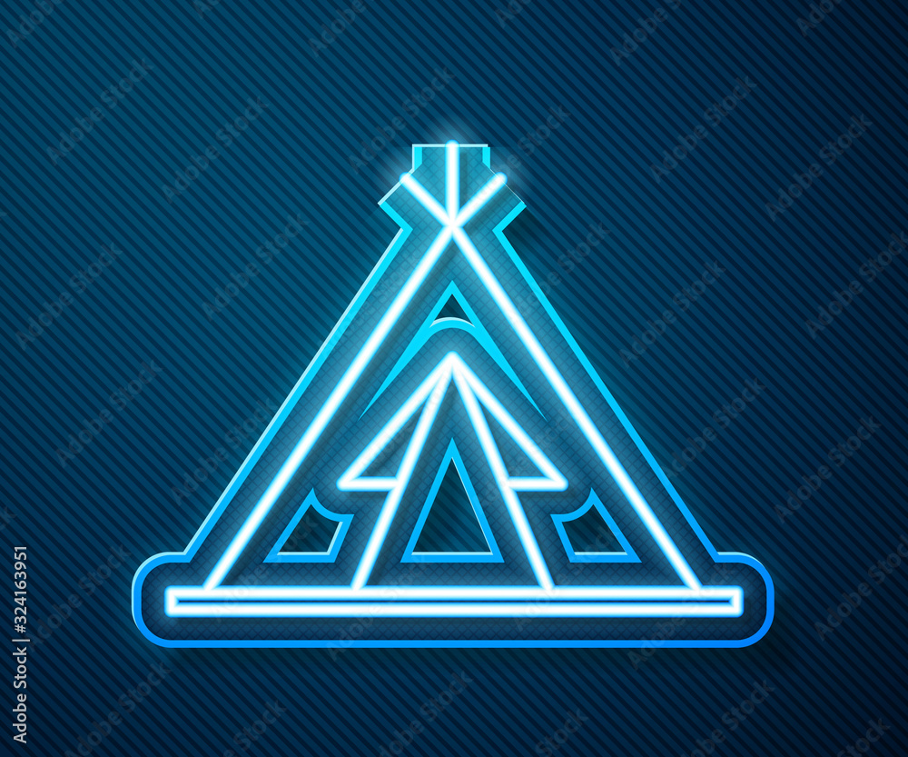 Glowing neon line Traditional indian teepee or wigwam icon isolated on blue background. Indian tent.