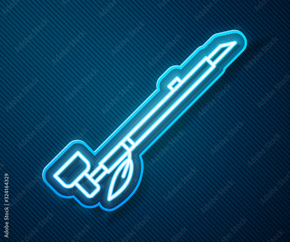 Glowing neon line Native American indian smoking pipe icon isolated on blue background. Vector Illus