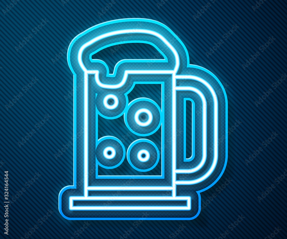 Glowing neon line Wooden beer mug icon isolated on blue background. Vector Illustration