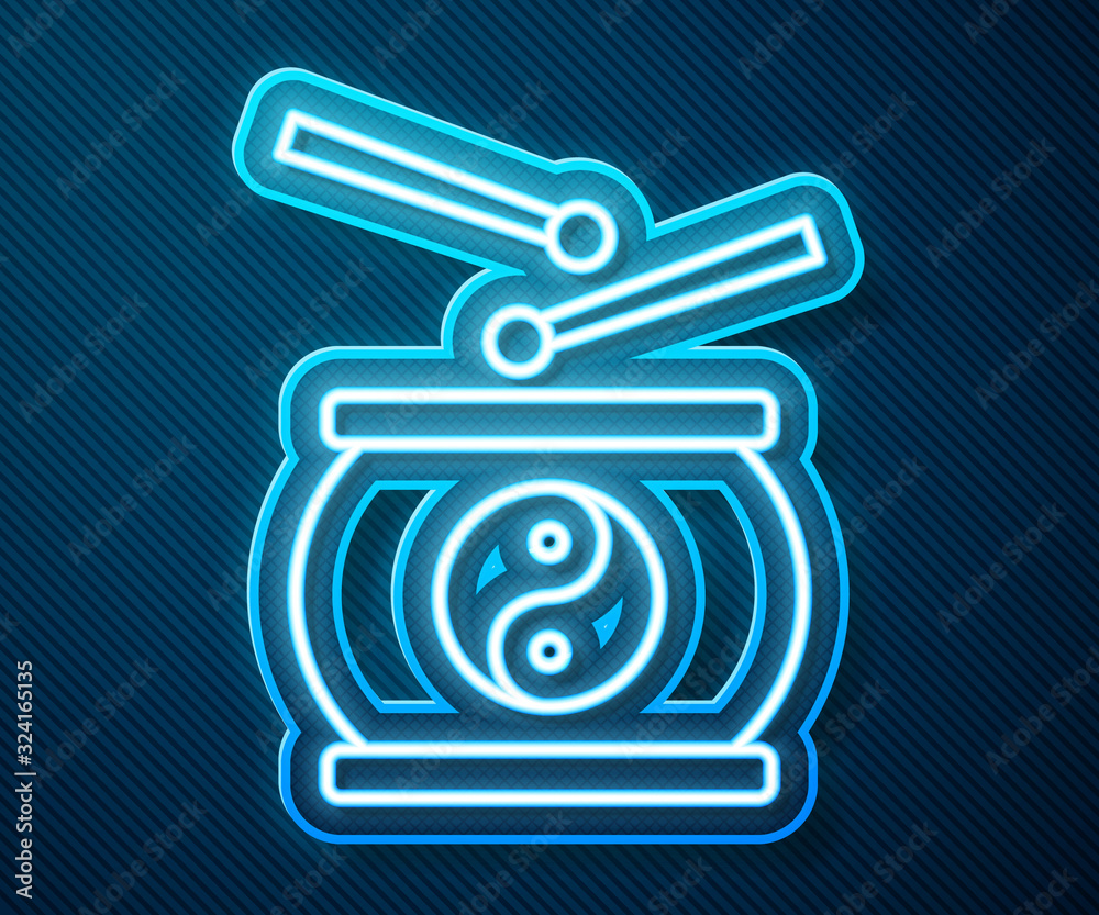 Glowing neon line Chinese drum icon isolated on blue background. Traditional asian percussion instru