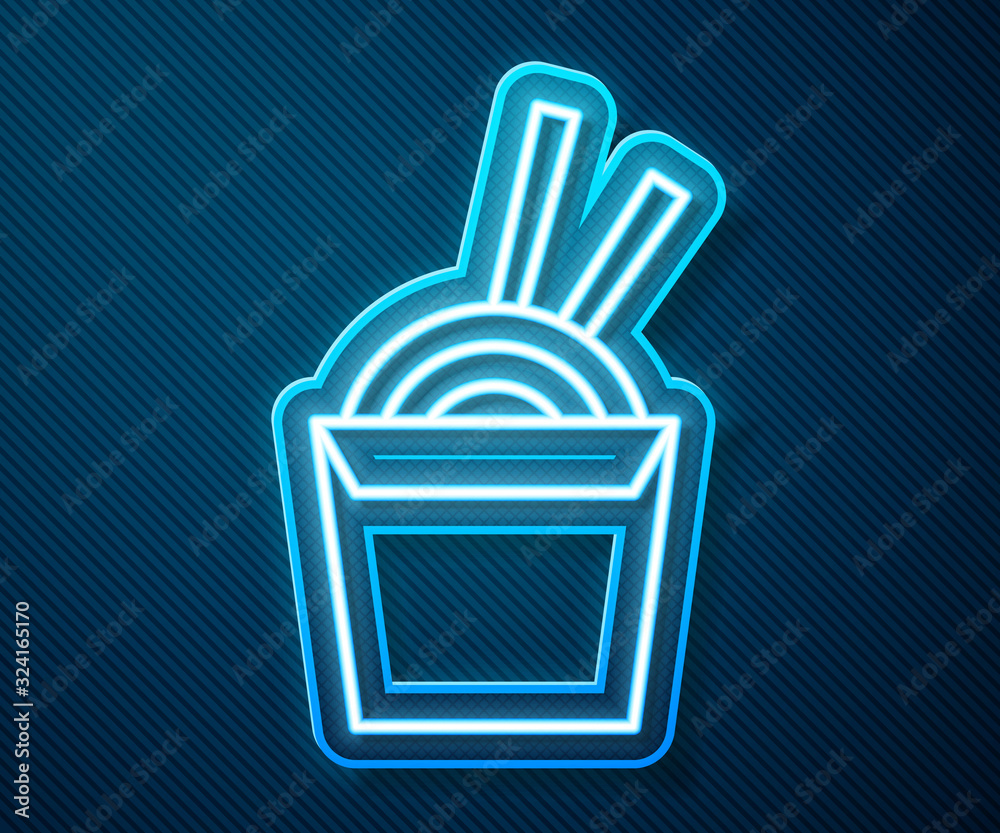 Glowing neon line Asian noodles in paper box and chopsticks icon isolated on blue background. Street