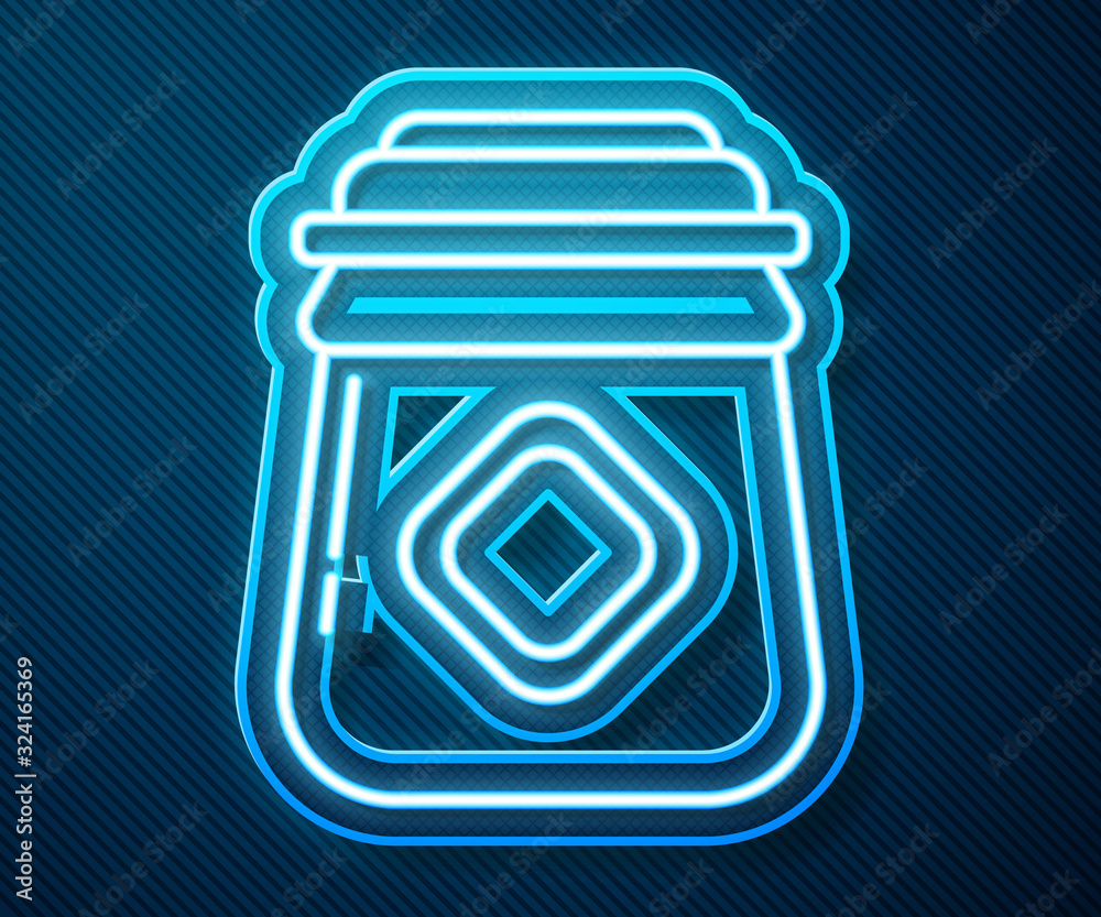 Glowing neon line Jar of honey icon isolated on blue background. Food bank. Sweet natural food symbo