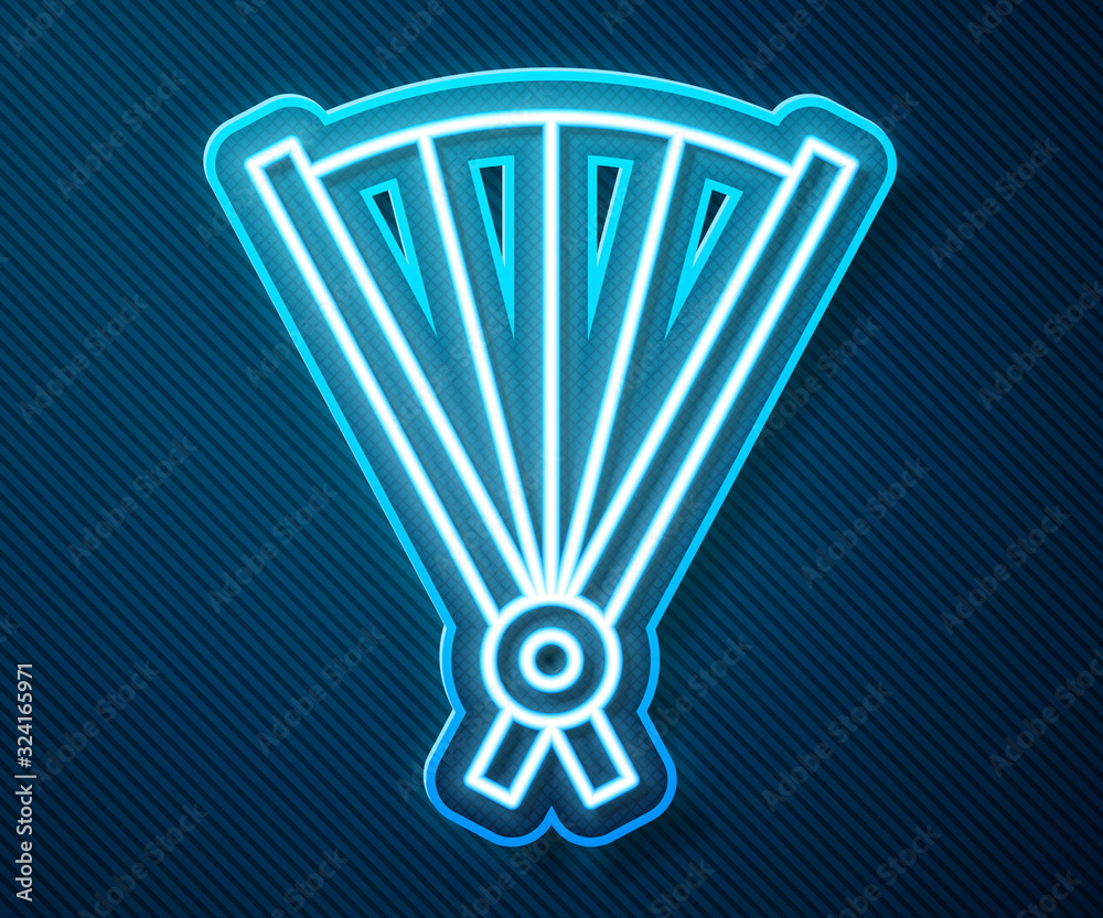 Glowing neon line Traditional paper chinese or japanese folding fan icon isolated on blue background