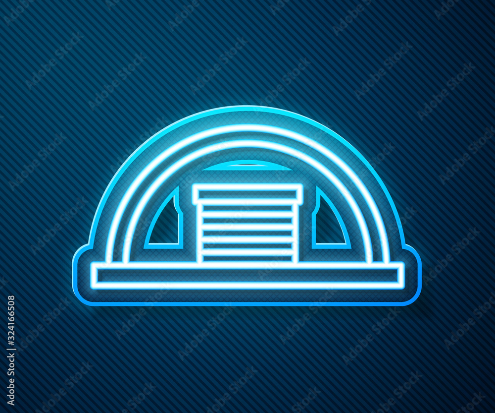 Glowing neon line Hangar icon isolated on blue background. Vector Illustration