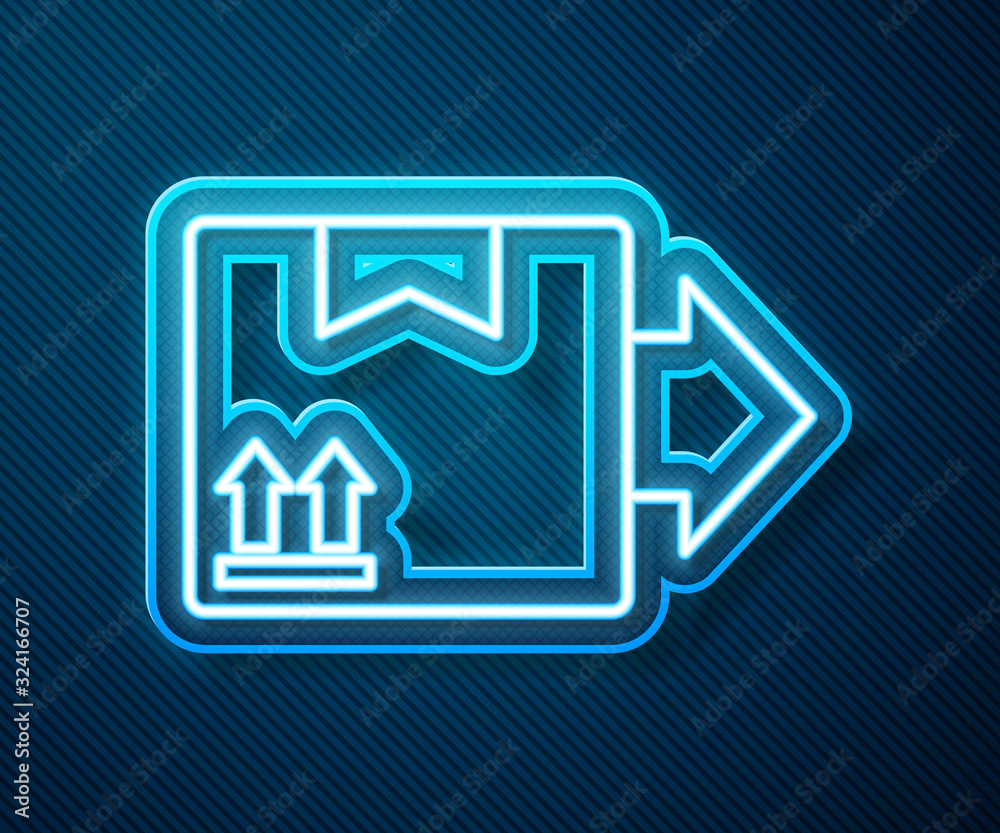 Glowing neon line Cardboard box with traffic symbol icon isolated on blue background. Box, package, 