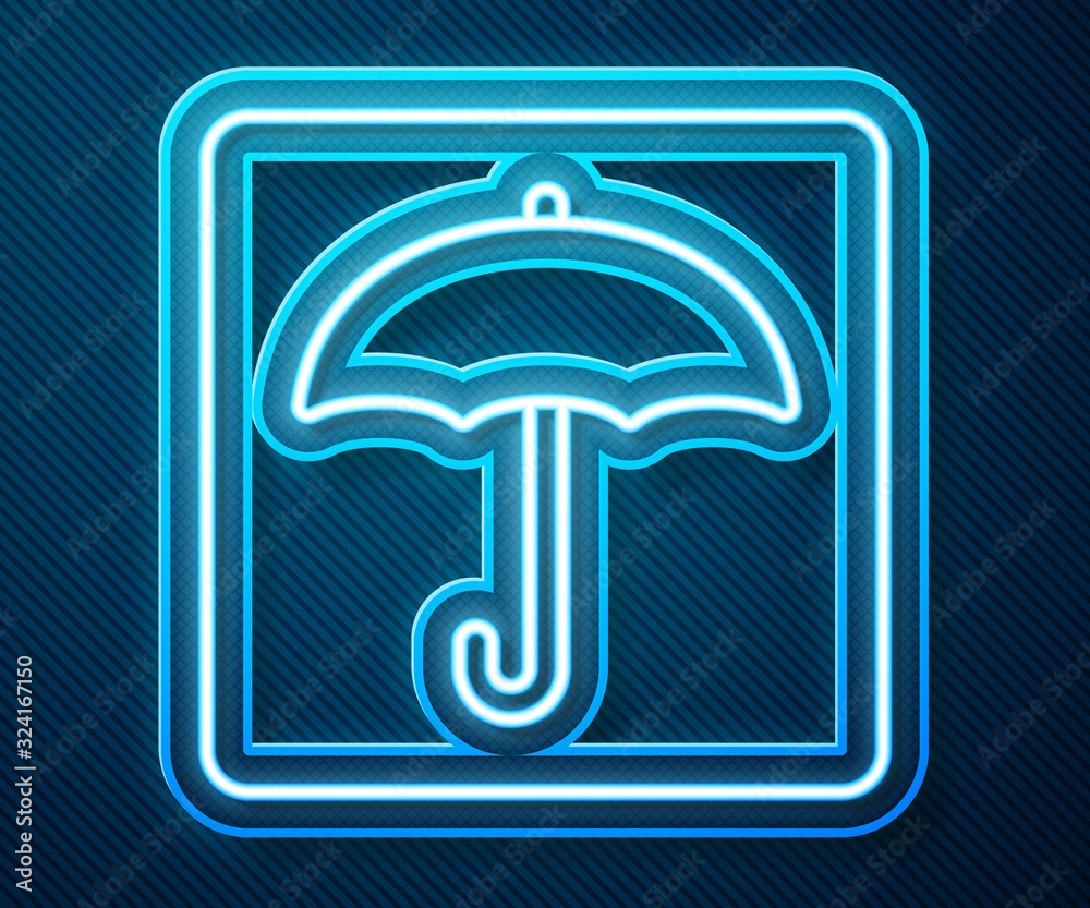 Glowing neon line Umbrella icon isolated on blue background. Waterproof icon. Protection, safety, se