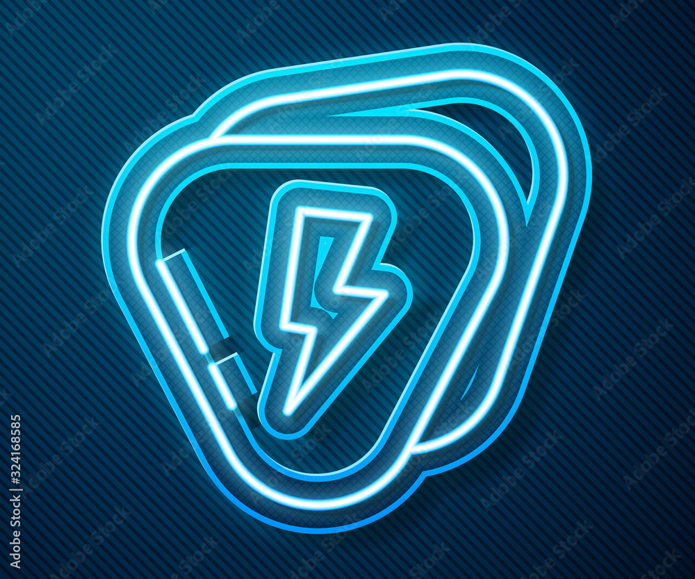 Glowing neon line Guitar pick icon isolated on blue background. Musical instrument. Vector Illustrat