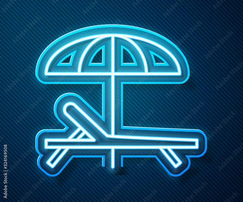 Glowing neon line Sunbed icon isolated on blue background. Beach umbrella and Sun lounger. Vector Il