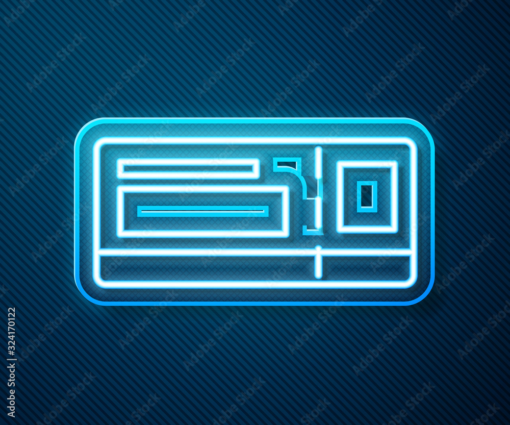 Glowing neon line Travel ticket icon isolated on blue background. Train, ship, plane, tram, bus tran