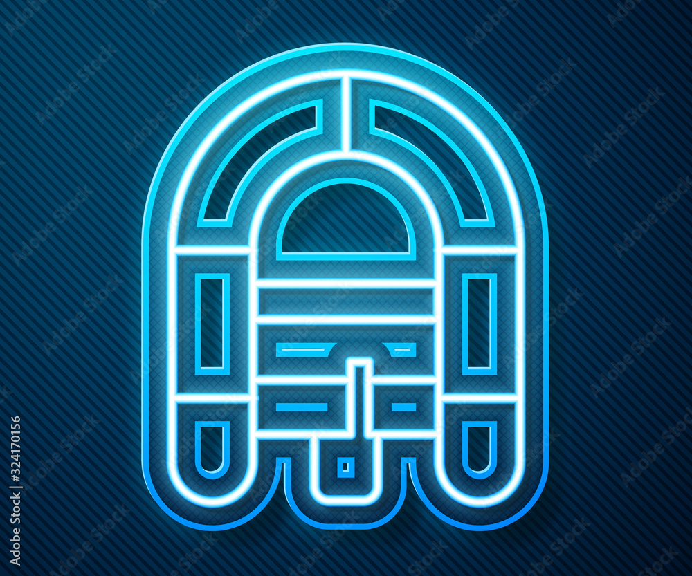 Glowing neon line Rafting boat icon isolated on blue background. Inflatable boat. Water sports, extr