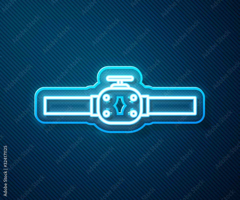 Glowing neon line Industry metallic pipes and valve icon isolated on blue background. Vector Illustr