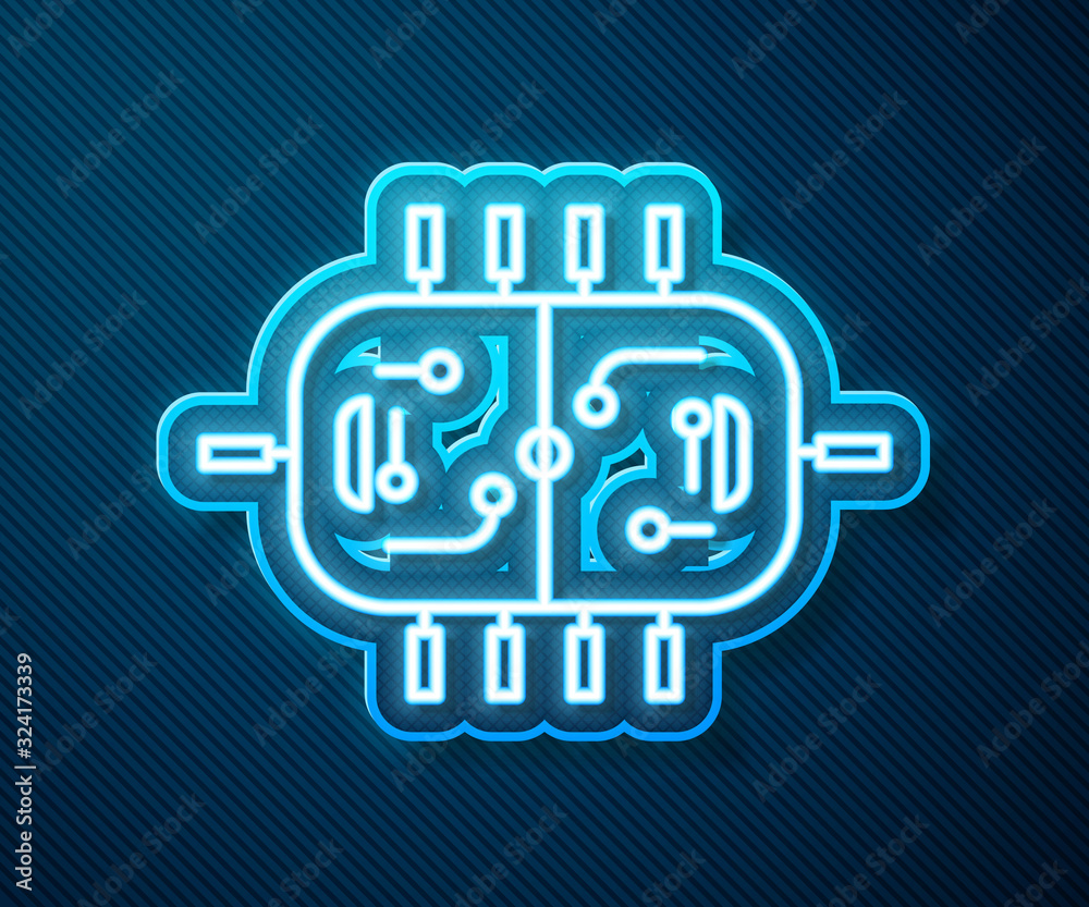 闪耀的霓虹线冰球桌图标隔离在蓝色背景上。矢量插图