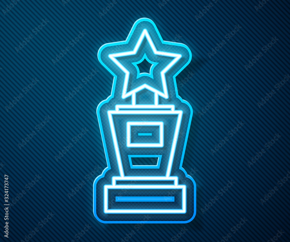 Glowing neon line Award cup icon isolated on blue background. Winner trophy symbol. Championship or 