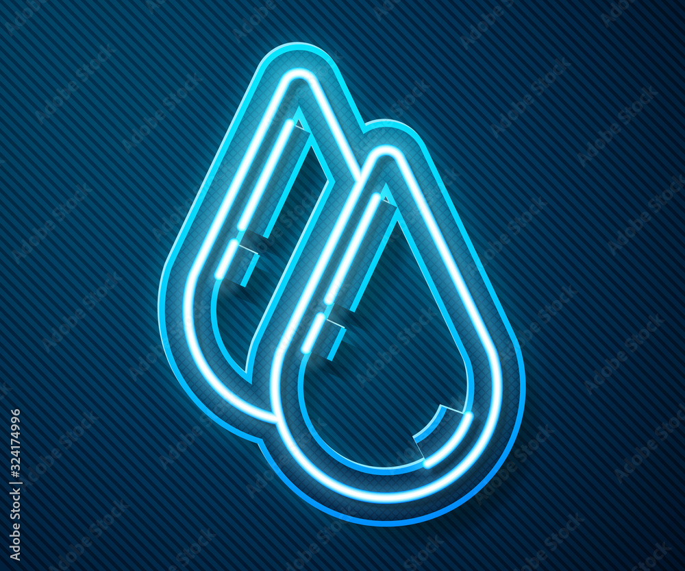 Glowing neon line Water drop icon isolated on blue background. Vector Illustration