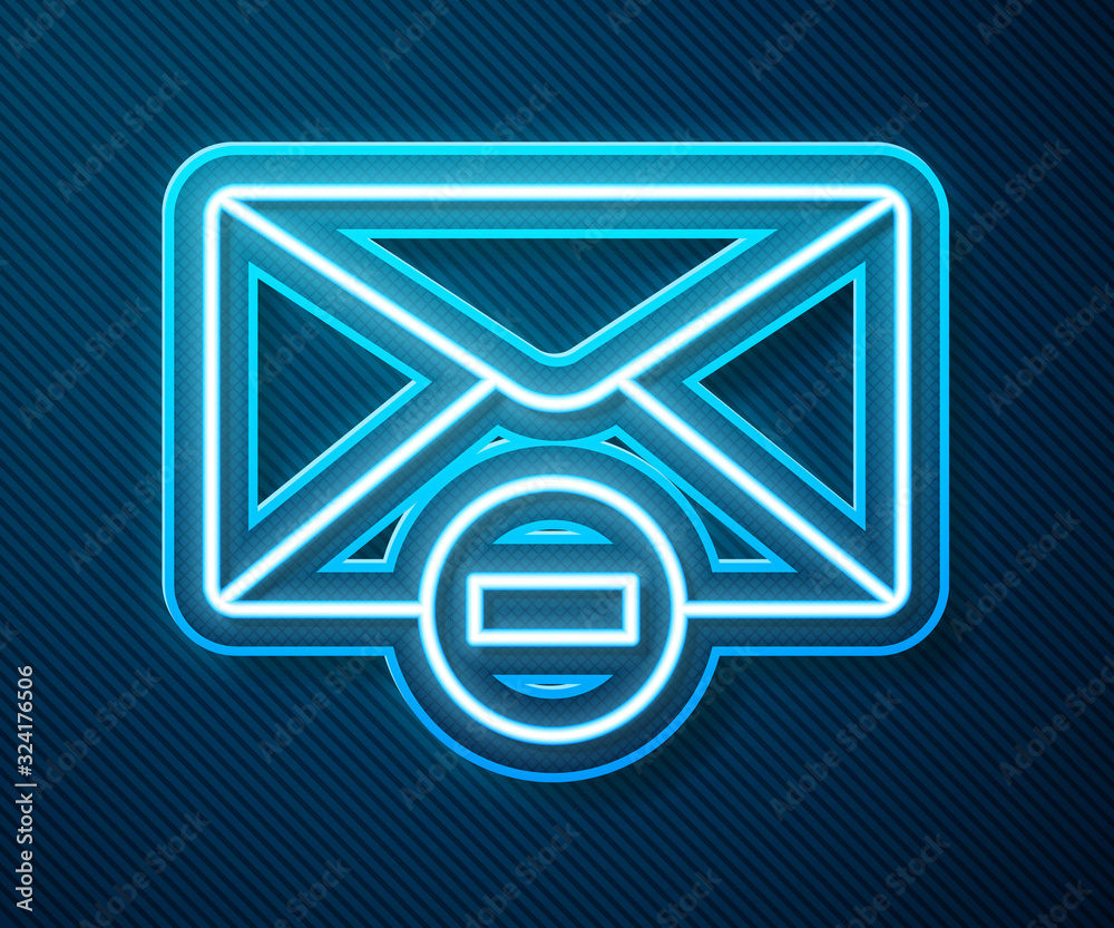 Glowing neon line Delete envelope icon isolated on blue background. Delete or error letter. Cross on