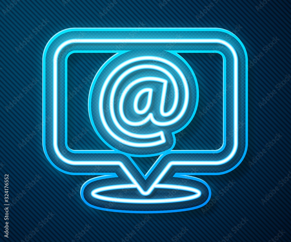 Glowing neon line Mail and e-mail on speech bubble icon isolated on blue background. Envelope symbol