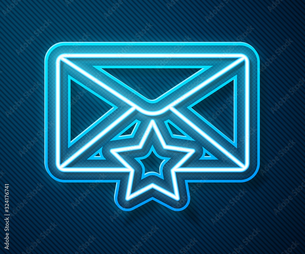 Glowing neon line Envelope with star icon isolated on blue background. Important email, add to favou