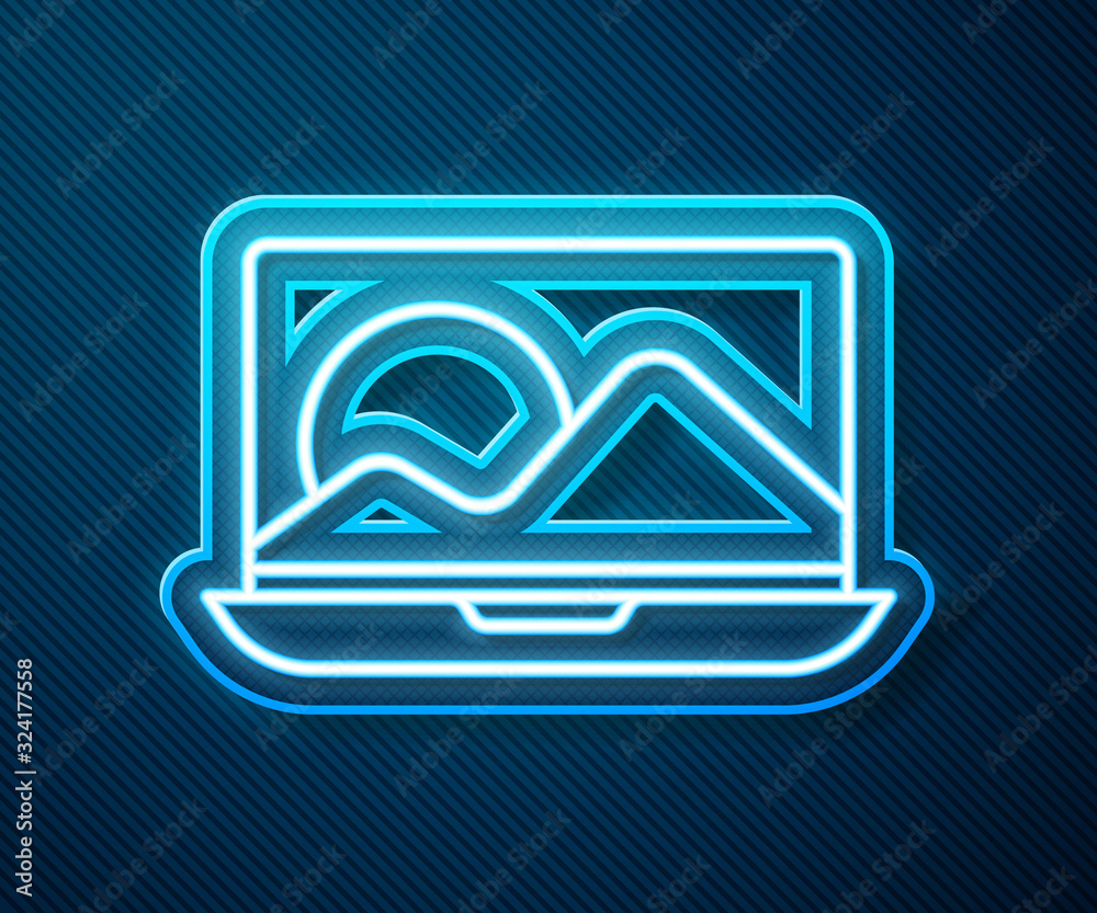 Glowing neon line Laptop icon isolated on blue background. Computer notebook with empty screen sign.