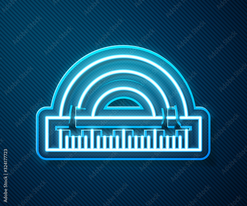 Glowing neon line Protractor grid for measuring degrees icon isolated on blue background. Tilt angle