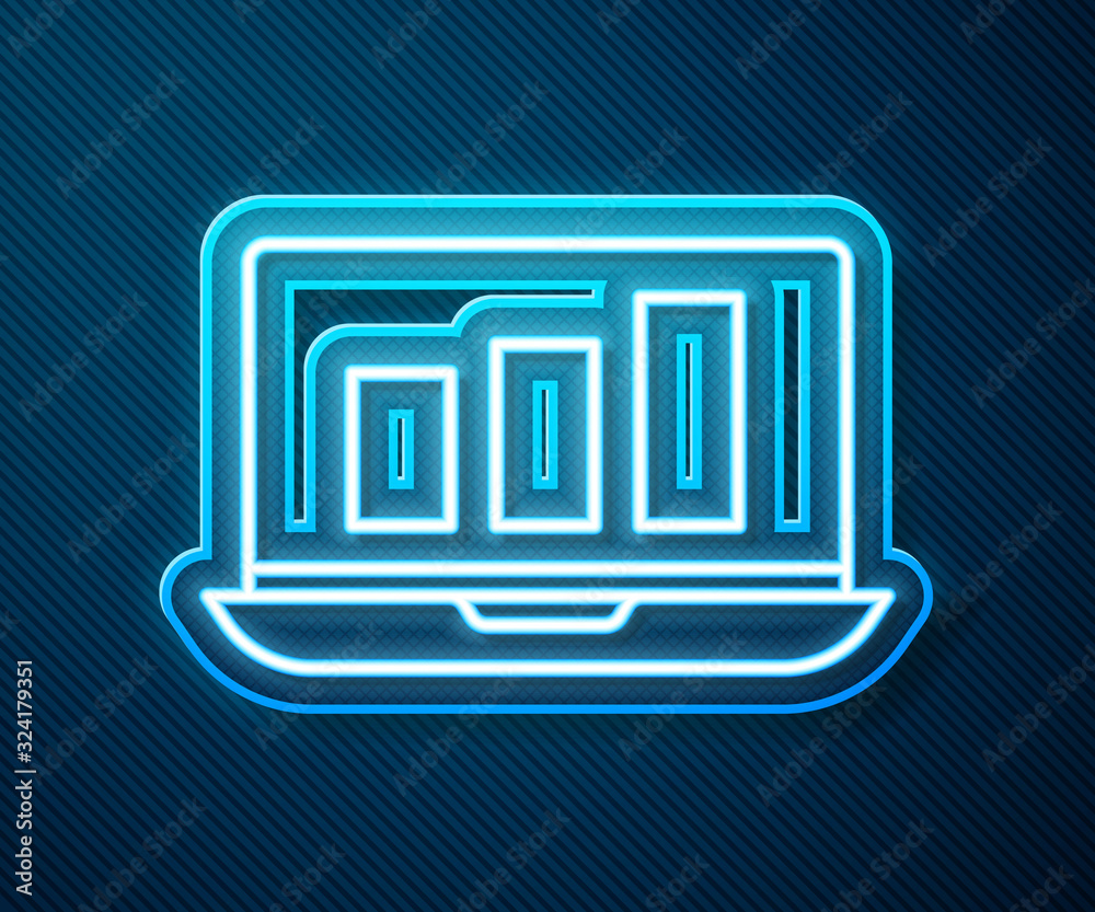 Glowing neon line Laptop with graph chart icon isolated on blue background. Report text file icon. A