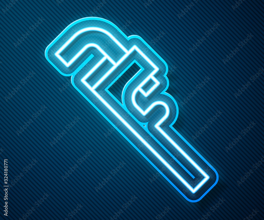 Glowing neon line Pipe adjustable wrench icon isolated on blue background. Vector Illustration