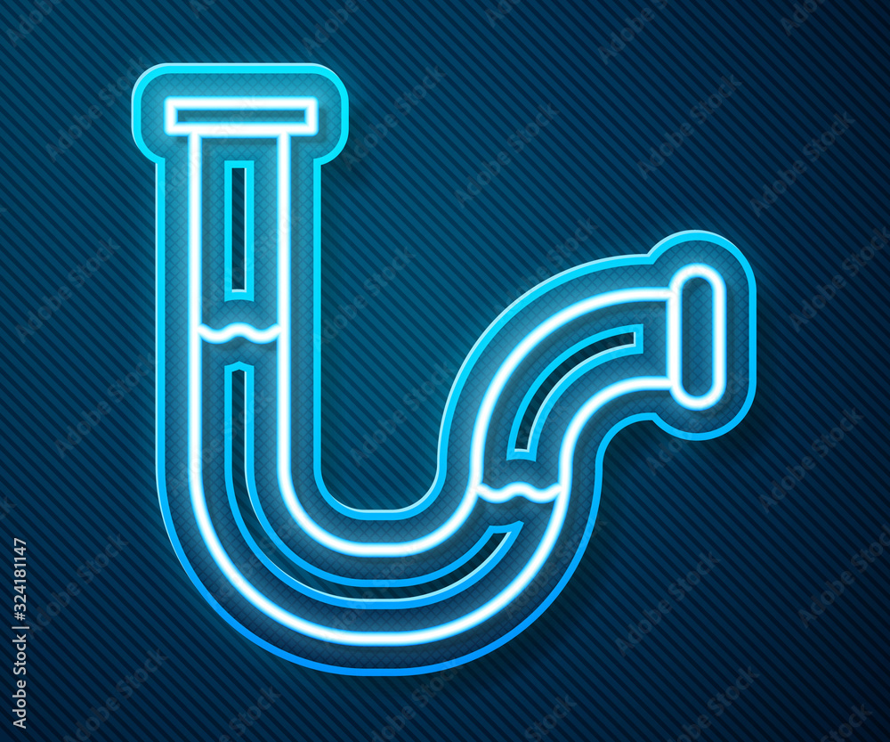 Glowing neon line Industry metallic pipe icon isolated on blue background. Plumbing pipeline parts o